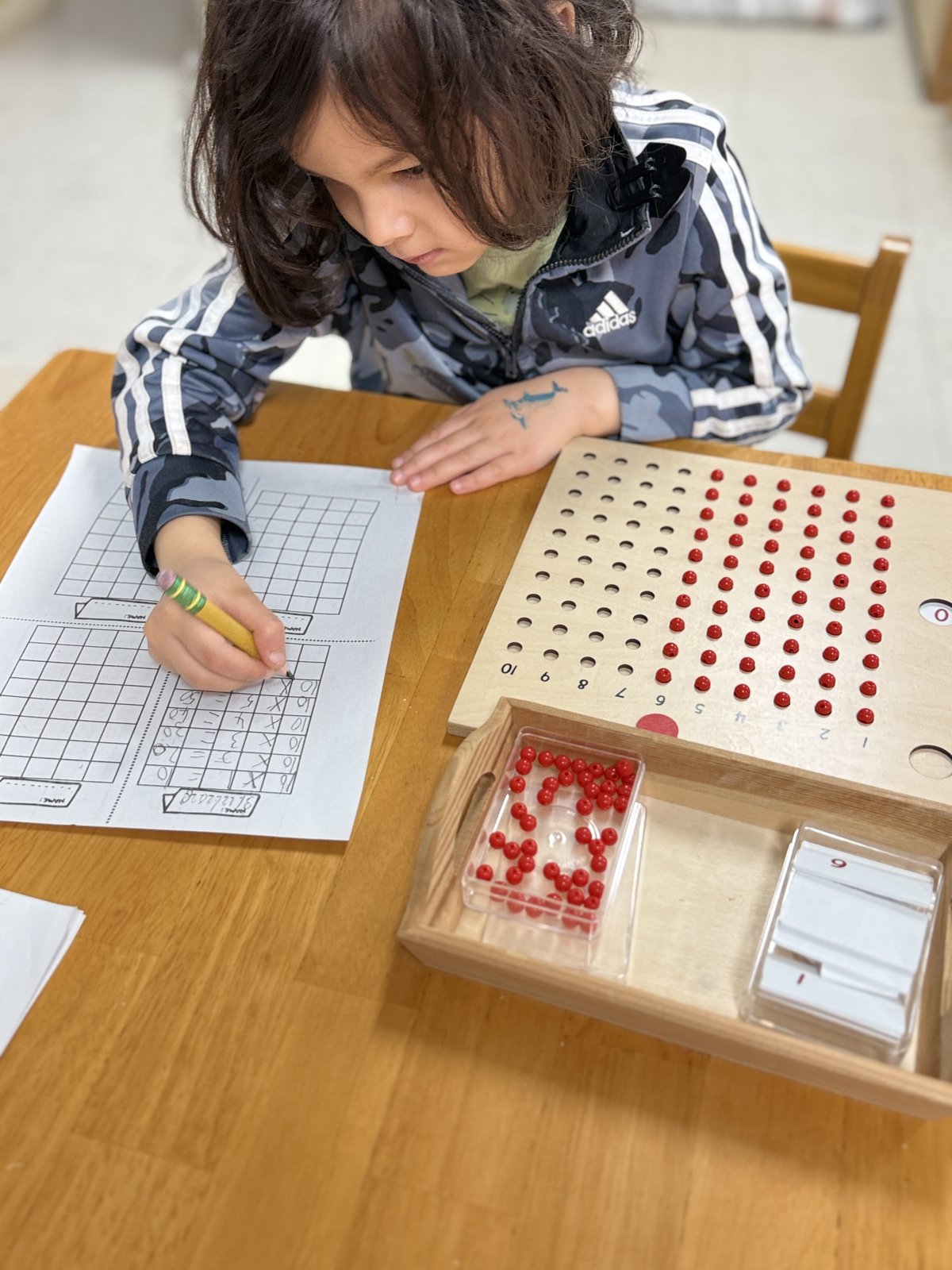 Student carefully sorting and classifying Montessori materials