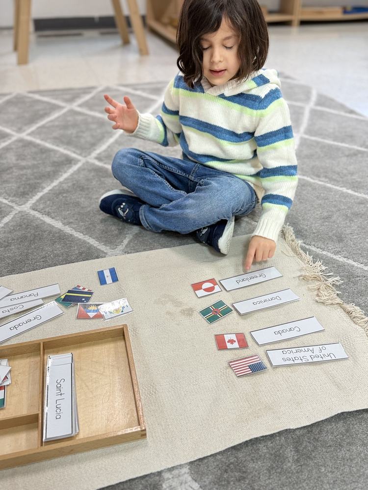 Child matching country flags to their name cards in a geography lesson